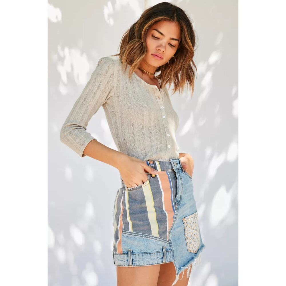 BDG Skirt Striped Patchwork Denim Asymmetrical Floral Boho Festival Blue Size M - Picture 2 of 14